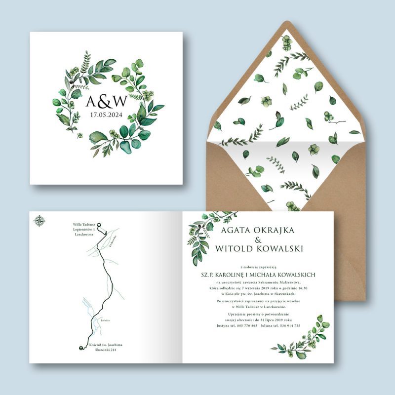 Zaproszenie zielony wianek minimalistyczne — okładka zaproszenia, wnętrze zaproszenia, ozdobna wyklejka w kopercie