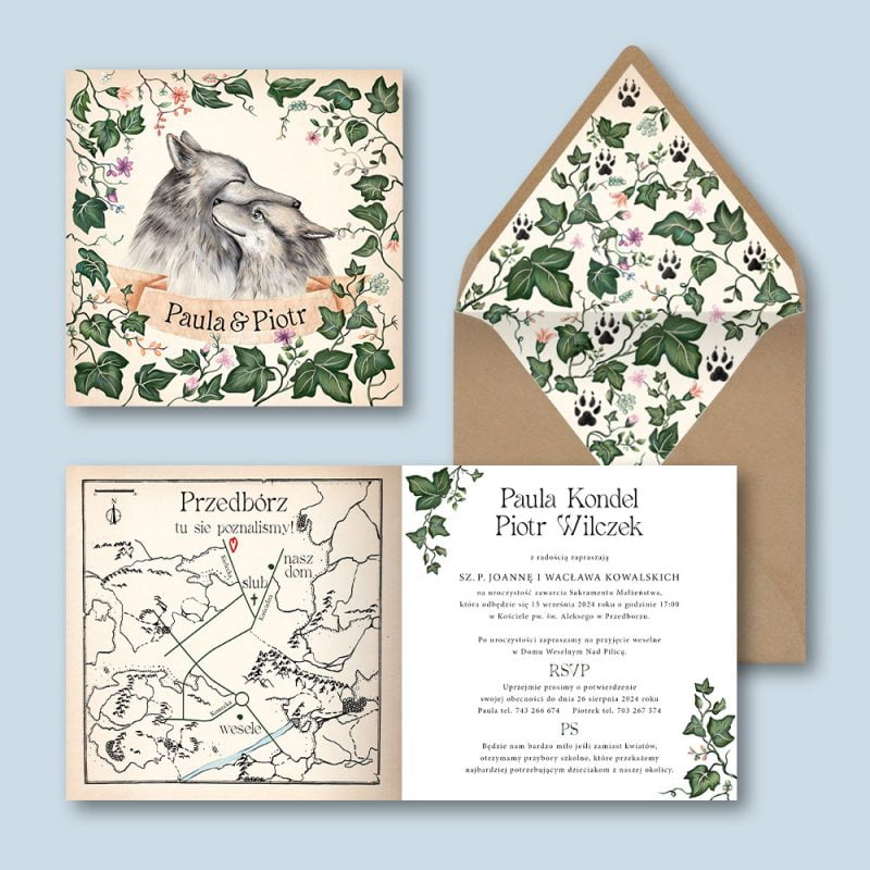 Zaproszenie ślubne z wilkami — okładka, wnętrze zaproszenia i wyklejka w kopercie