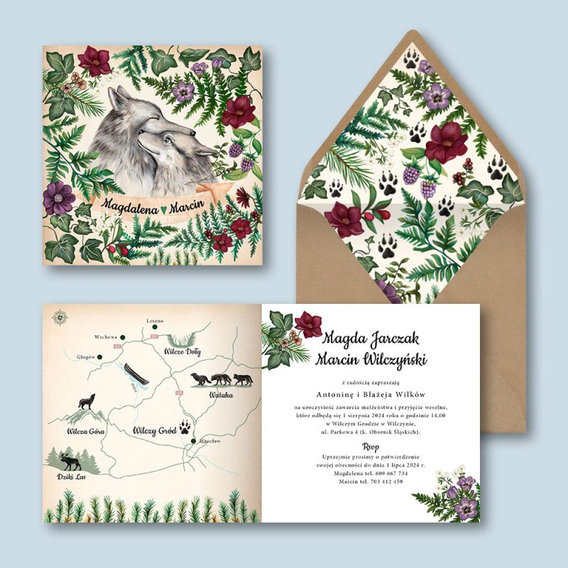 Zaproszenie ślubne z wilkami leśne — okładka, wnętrze zaproszenia i wyklejka w kopercie