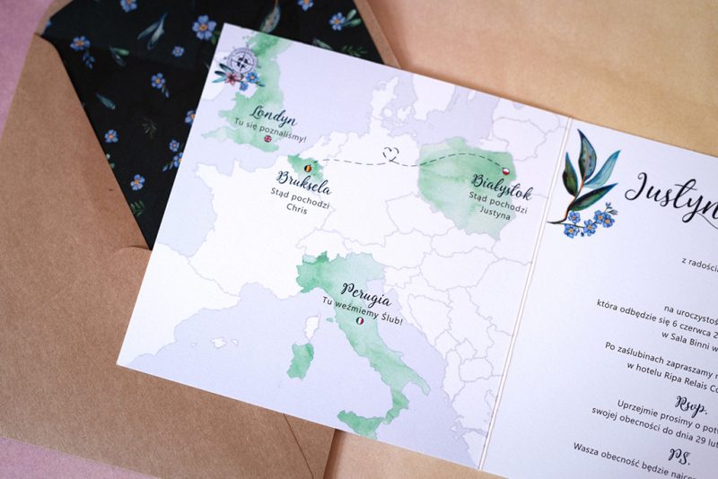Mapa Europy w zaproszeniu ślubnych