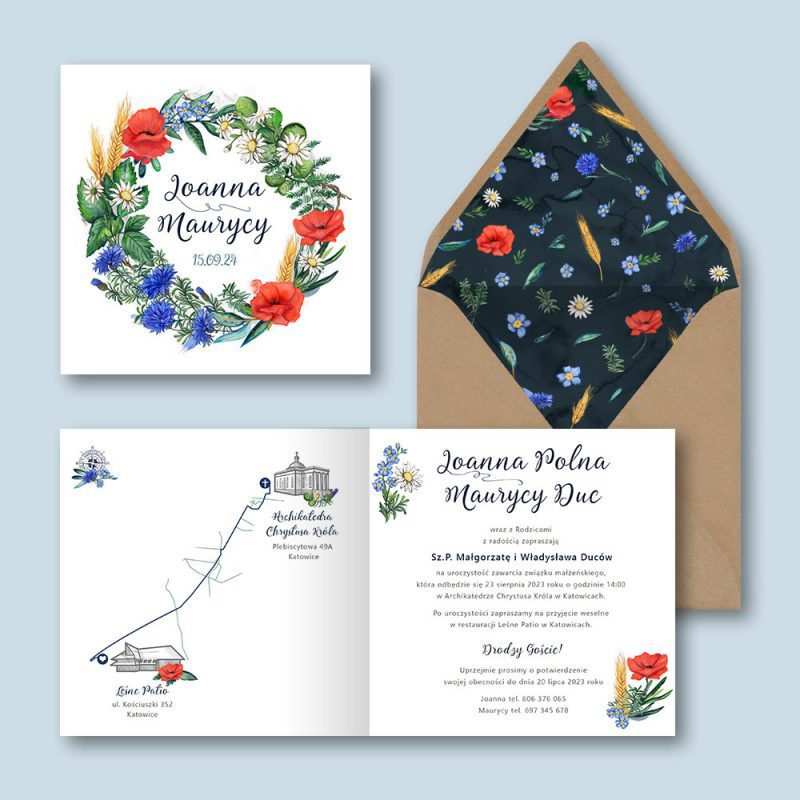 Zaproszenie ślubne wianek polne kwiaty — okładka zaproszenia, wnętrze zaproszenia, ozdobna wyklejka w kopercie