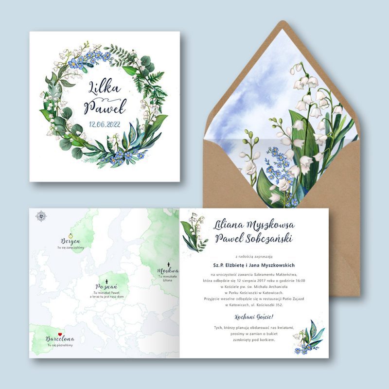 Zaproszenie ślubne wianek wiosenny — okładka zaproszenia, wnętrze zaproszenia, ozdobna wyklejka w kopercie