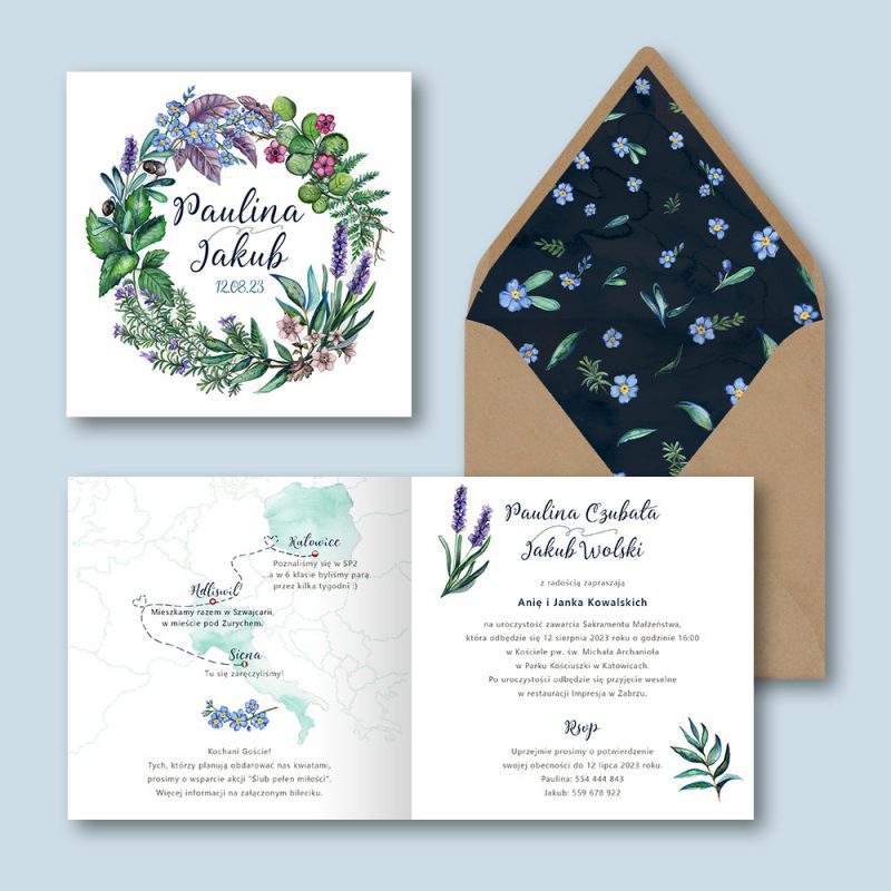 Zaproszenie ślubne zielony wianek — okładka zaproszenia, wnętrze zaproszenia, ozdobna wyklejka w kopercie