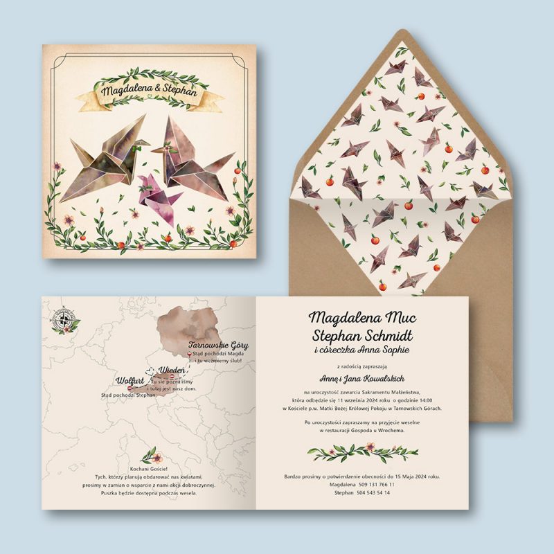 Zaproszenie ślubne z żurawiami origami dla Pary Młodej z dzieckiem — okładka i wnętrze zaproszenia i koperta z wyklejką