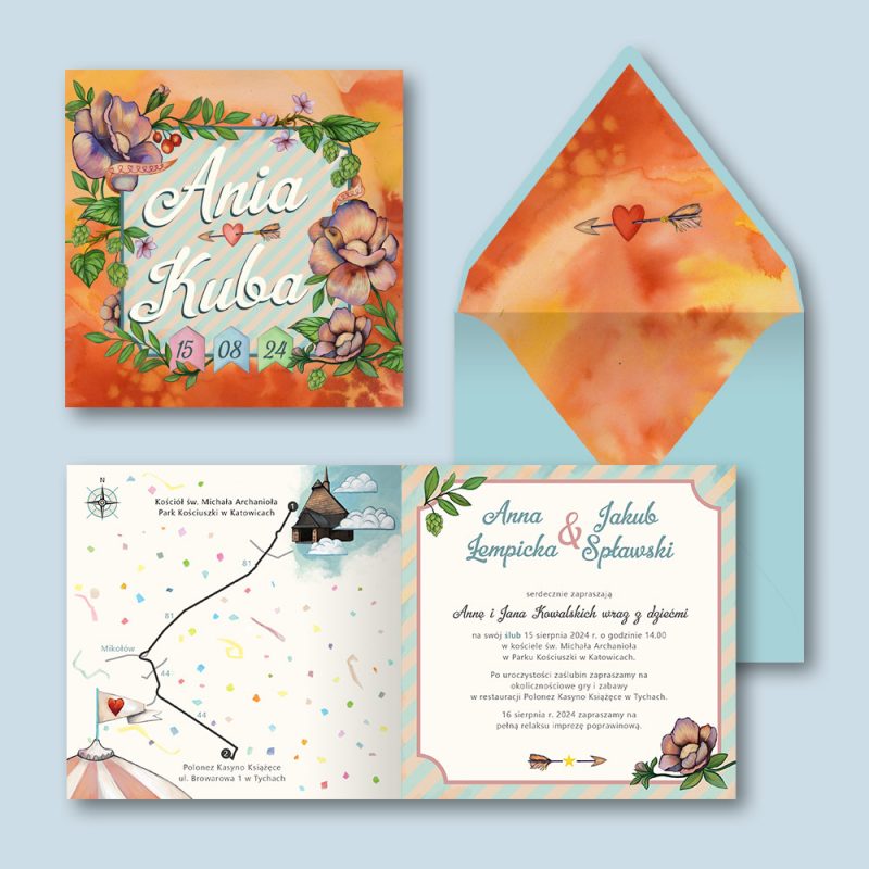 Zaproszenia ślubne retro kwiatowe, pomarańczowe — okładka, wnętrze zaproszenia i wyklejka w kopercie
