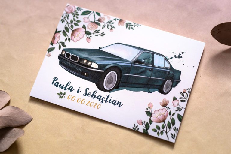 zaproszenie ślubne z zielonym BMW