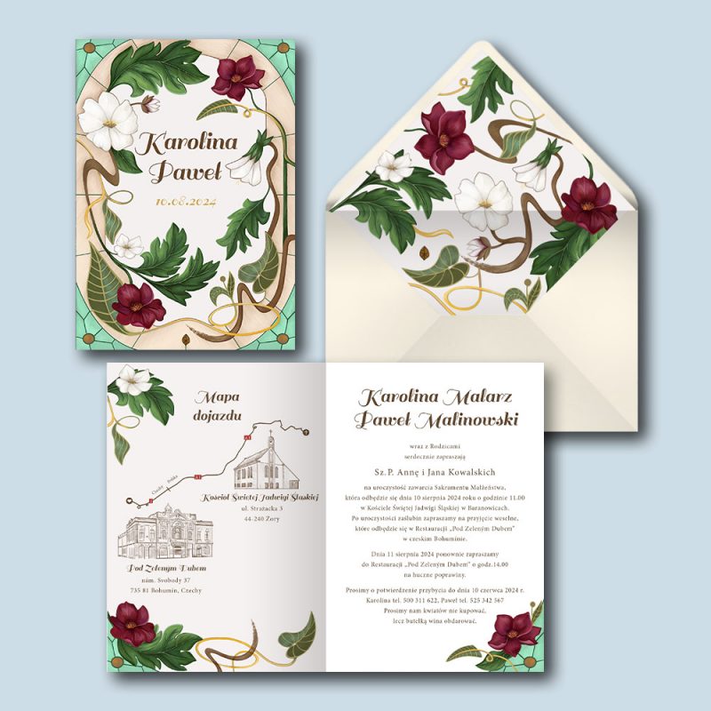 Zaproszenie ślubne secesja art nouveau — okładka zaproszenia, wnętrze zaproszenia, ozdobna wyklejka w kopercie