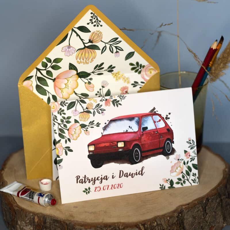 Zaproszenie ślubne z czerwonym Fiatem 126 p wraz z kopertą