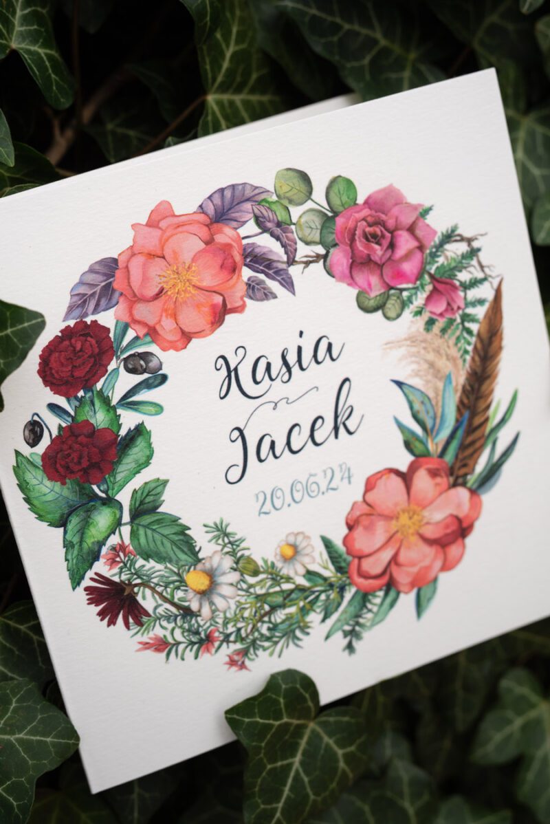 Boho kwiaty na zaproszeniu ślubnym
