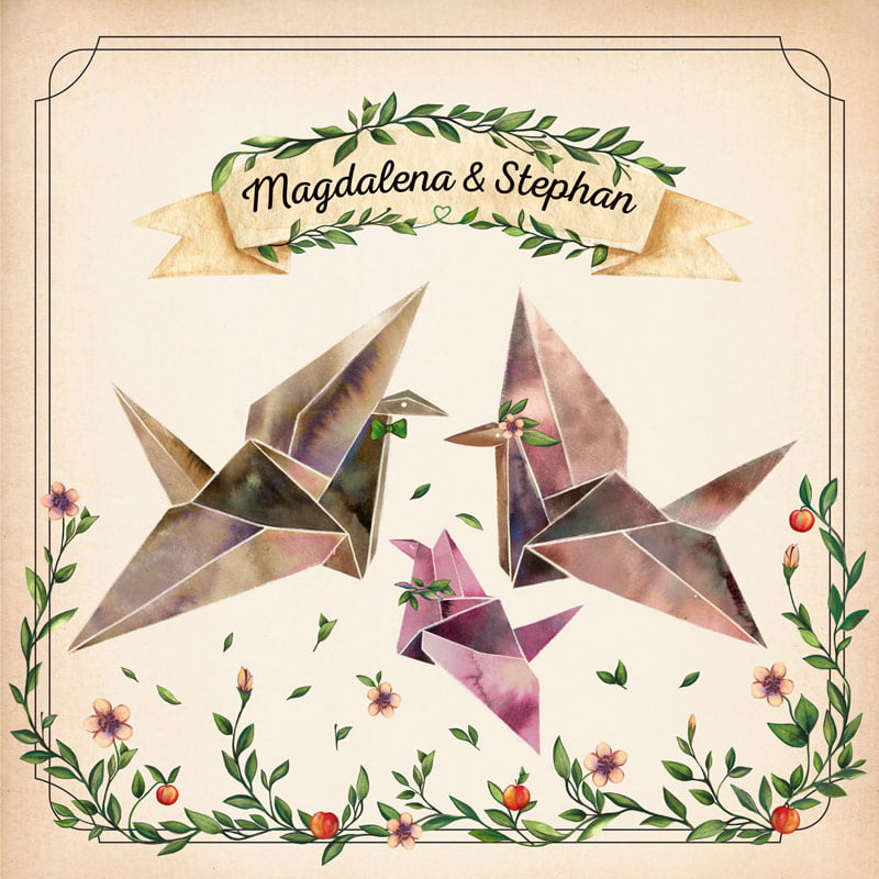 Zaproszenie ślubne z żurawiami origami dla Pary Młodej z dzieckiem
