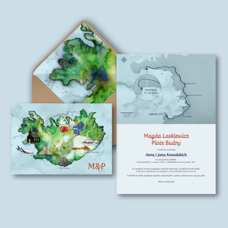 Zaproszenie ślubne z mapą motyw podróży Islandia - wnętrza zaproszenia i koperta z wyklejką
