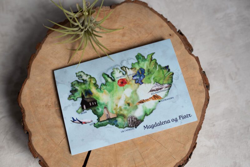 Zaproszenie ślubne z mapą Islandii