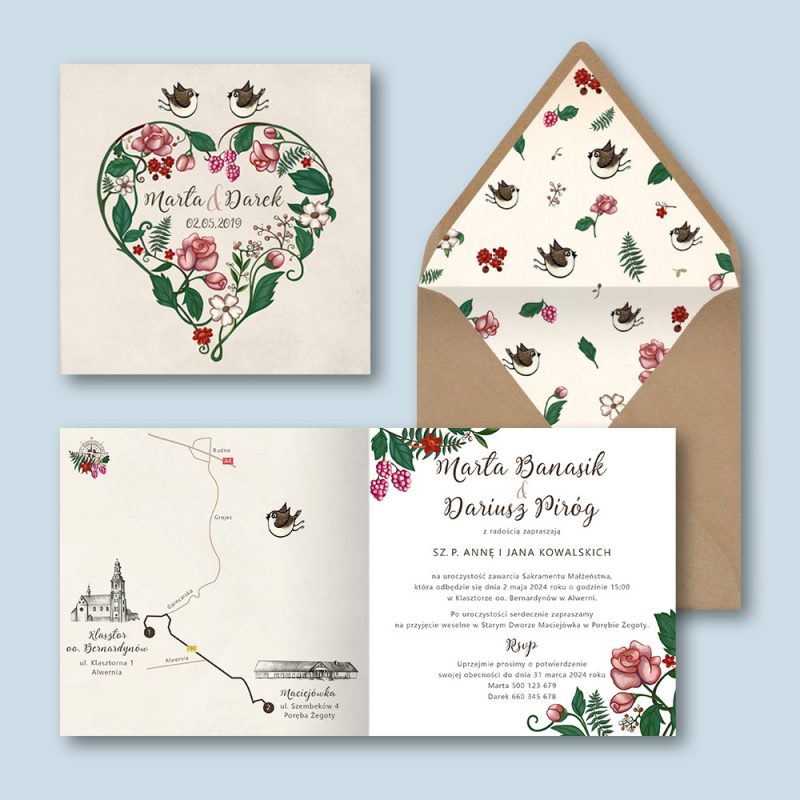 Zaproszenie ślubne z sercem róże vintage — okładka i wnętrze zaproszenia i koperta z wyklejką