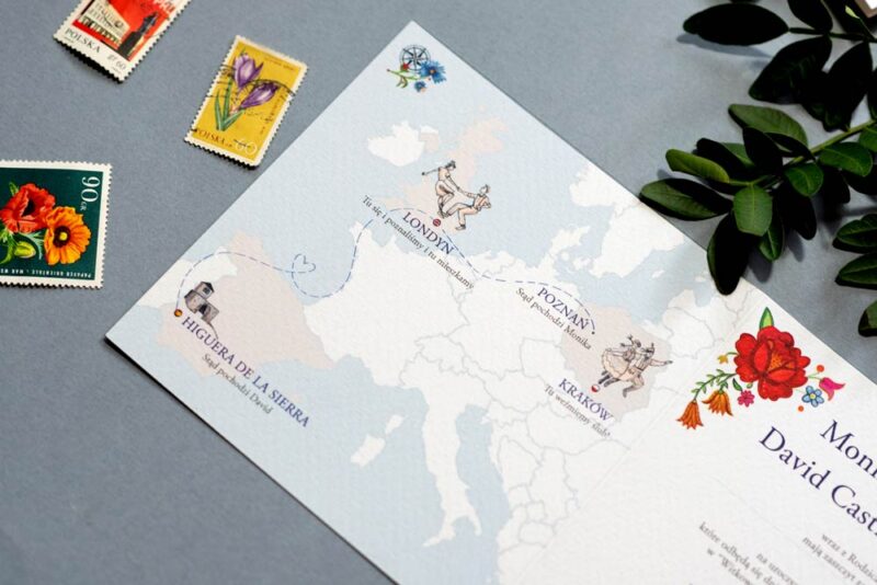 Mapa Europy w zaproszeniu na ślub międzynarodowy